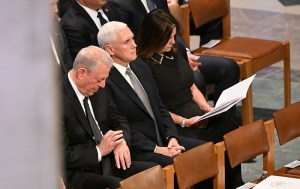(L-R) Former US Vice President Al Gore, former US Vice President Mike Pence and his wife Karen Pence attend the State Funeral Service for former US President Jimmy Carter at the Washington National Cathedral in Washington, DC, on January 9, 2025. (Photo by Mandel NGAN / POOL / AFP) (Photo by MANDEL NGAN/POOL/AFP via Getty Images)