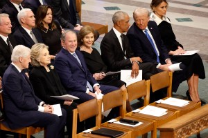 WASHINGTON, DC - JANUARY 09: (L-R) Former U.S. Vice Presidents Al Gore and Mike Pence, Karen Pence, former U.S. President Bill Clinton, former Secretary of State Hillary Clinton, former U.S. President George W. Bush, Laura Bush, former U.S. President Barack Obama, U.S. President-elect Donald Trump and Melania Trump attend the state funeral for former U.S. President Jimmy Carter at Washington National Cathedral on January 09, 2025 in Washington, DC. President Joe Biden declared today a national day of mourning for Carter, the 39th President of the United States, who died at the age of 100 on December 29, 2024 at his home in Plains, Georgia. (Photo by Chip Somodevilla/Getty Images)