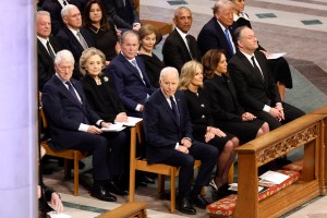 WASHINGTON, DC - JANUARY 09: (L-R) Former U.S. Vice Presidents Al Gore and Mike Pence, Karen Pence, former U.S. President Bill Clinton, former Secretary of State Hillary Clinton, former U.S. President George W. Bush, Laura Bush, former U.S. President Barack Obama, U.S. President-elect Donald Trump, Melania Trump, U.S. President Joe Biden, first lady Jill Biden U.S. Vice President Kamala Harris and second gentleman Doug Emhoff attend the state funeral for former U.S. President Jimmy Carter at Washington National Cathedral on January 09, 2025 in Washington, DC. President Joe Biden declared today a national day of mourning for Carter, the 39th President of the United States, who died at the age of 100 on December 29, 2024 at his home in Plains, Georgia. (Photo by Chip Somodevilla/Getty Images)