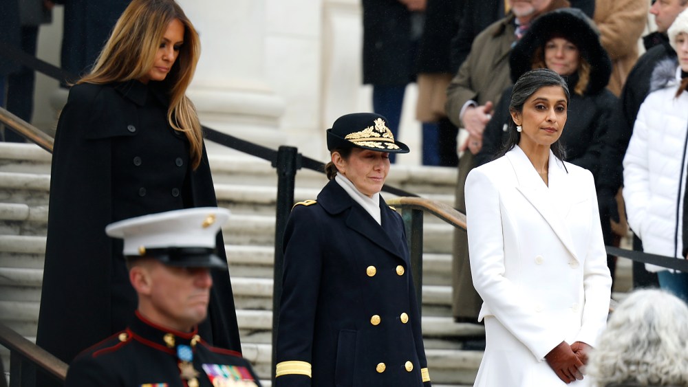 ARLINGTON, VIRGINIA - JANUARY 19: (L) and Usha Vance (R) attend a wreath-laying ceremony at Arlington National Cemetery on January 19, 2025 in Arlington, Virginia. Donald Trump will be sworn in as the 47th president of the United States on January 20 in a rare indoor ceremony. (Photo by Anna Moneymaker/Getty Images)