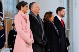 WASHINGTON, DC - JANUARY 20: (L-R) Usha Vance, second gentleman Doug Emhoff, U.S. Vice President Kamala Harris, and U.S. Vice President-elect former Sen. J.D. Vance (R-OH) stand together at the White House ahead of the inauguration of U.S. President-elect Donald Trump on January 20, 2025 in Washington, DC. Donald Trump takes office for his second term as the 47th president of the United States. (Photo by Anna Moneymaker/Getty Images)
