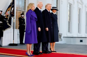 WASHINGTON, DC - JANUARY 20: (L-R) First lady Jill Biden and U.S. President Joe Biden welcome U.S. President-elect Donald Trump and Melania Trump to the White House ahead of inauguration ceremonies on January 20, 2025 in Washington, DC. Donald Trump takes office for his second term as the 47th president of the United States. (Photo by Anna Moneymaker/Getty Images)