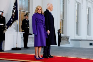 WASHINGTON, DC - JANUARY 20: First lady Jill Biden and U.S. President Joe Biden wait the arrival of U.S. President-elect Donald Trump  at the White House on January 20, 2025 in Washington, DC. Donald Trump takes office for his second term as the 47th president of the United States. (Photo by Anna Moneymaker/Getty Images)