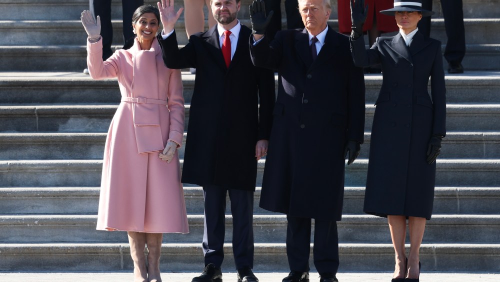 WASHINGTON, DC - JANUARY 20: Second lady Usha Vance, U.S. Vice President J.D. Vance, U.S. President Donald Trump and first lady Melania Trump wave as former U.S. President Joe Biden and former U.S. Vice President Kamala Harris depart the U.S. Capitol on January 20, 2025 in Washington, DC. Donald Trump takes office for his second term as the 47th president of the United States. (Photo by Joe Raedle/Getty Images)