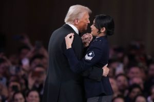 WASHINGTON, DC - JANUARY 20: President Donald Trump dances with a service member at the Commander-in-Chief Ball on January 20, 2025 in Washington, DC.  President Trump attends some of the inaugural balls after taking the oath as the 47th president. (Photo by Andrew Harnik/Getty Images)