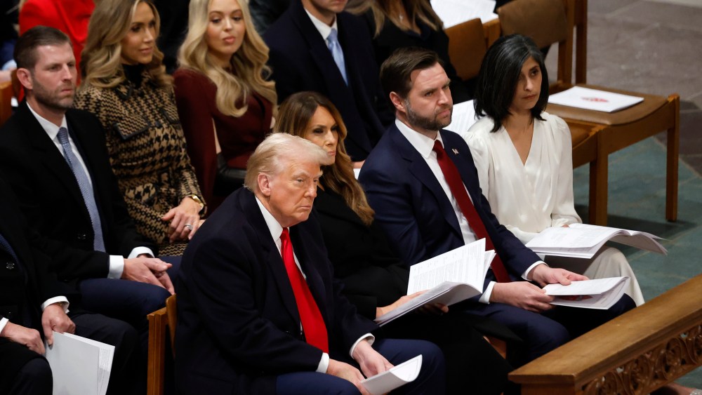 WASHINGTON, DC - JANUARY 21: (L-R) U.S. President Donald Trump, first lady Melania Trump, U.S. Vice President J.D. Vance and second lady Usha Vance attend the National Prayer Service at Washington National Cathedral on January 21, 2025 in Washington, DC. Tuesday marks Trump's first full day of his second term in the White House. (Photo by Chip Somodevilla/Getty Images)
