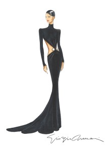 Sketch of Gal Gadot's custom Giorgio Armani Privé gown for the Golden Globes 2025.