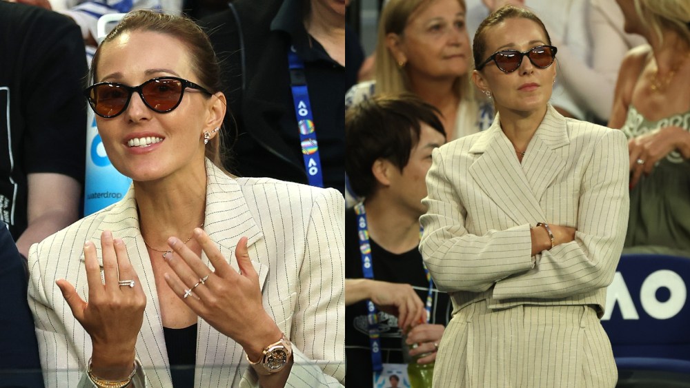 Jelena Djokovic at the 2025 Australian Open on Jan. 13 in Melbourne, Sandro, striped suit, tennis