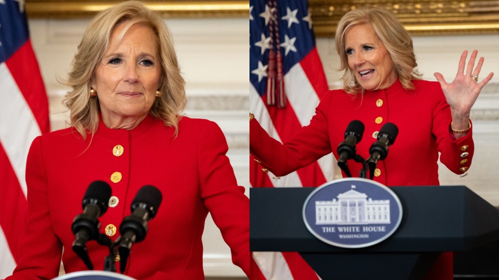 First lady Jill Biden delivers remarks at a Joining Forces event at the White House in Washington on Jan. 16, Schiaparelli