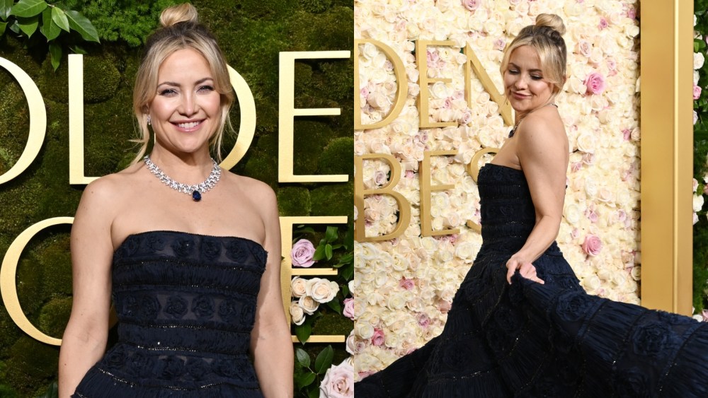 Kate Hudson during the 2025 Golden Globes on Jan. 5 in Beverly Hills, red carpet, Carolina Herrera