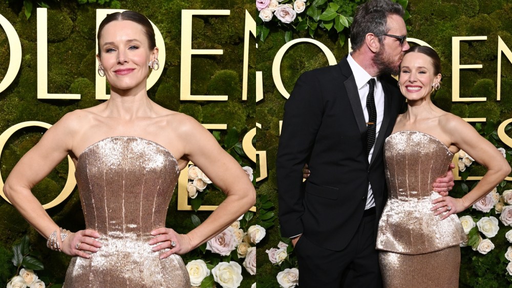 Kristen Bell and Dax Shepard during the 2025 Golden Globes on Jan. 5 in Beverly Hills, Ashi Studio Couture, red carpet