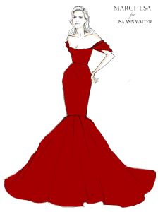 Sketch of Lisa Ann Walter's custom Marchsa gown for the Golden Globes 2025.