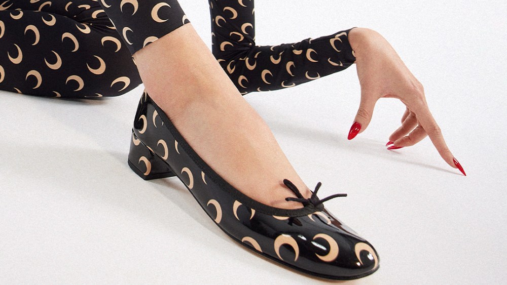A black-and-nude Camille shoe from the Repetto x Marine Serre collaboration.