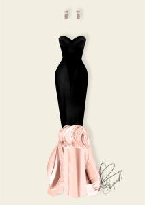 Sketch of Naomi Watts' custom Schiaparelli Haute Couture gown by Daniel Roseberry for the Golden Globes 2025.
