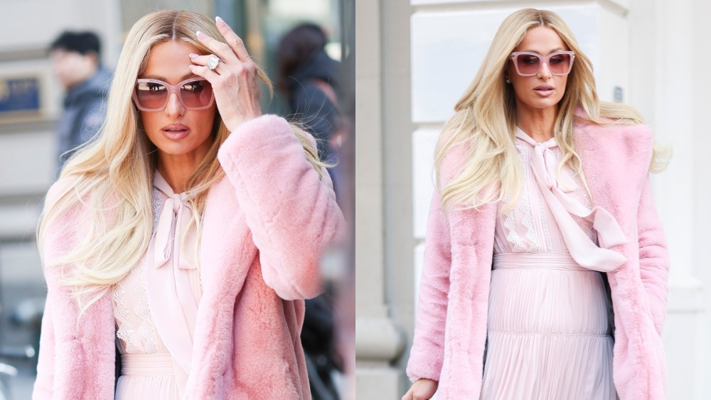 Paris Hilton in New York on Jan. 27, Self-Portrait dress, fur coat, heart handle purse