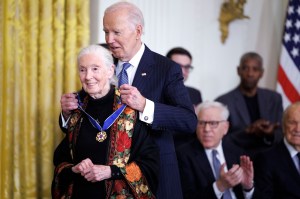 WASHINGTON, DC - JANUARY 4: Ethologist and conservationist Dr. Jane Goodall is awarded the Presidential Medal of Freedom by U.S. President Joe Biden in the East Room of the White House on January 4, 2025 in Washington, DC. President Biden is awarding 19 recipients with the nation's highest civilian honor. (Photo by Tom Brenner/Getty Images)
