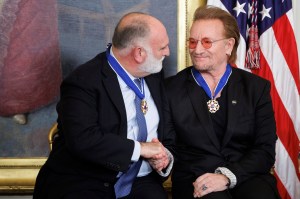 WASHINGTON, DC - JANUARY 4: Chef Jose Andres (L) and U2 singer Bono embrace after being awarded the Presidential Medal of Freedom by U.S. President Joe Biden in the East Room of the White House on January 4, 2025 in Washington, DC. President Biden is awarding 19 recipients with the nation's highest civilian honor. (Photo by Tom Brenner/Getty Images)