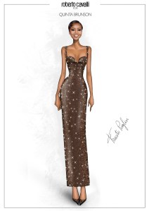 Sketch of Quinta Brunson's custom custom Roberto Cavalli Couture gown by Fausto Puglisi for the Golden Globes 2025.