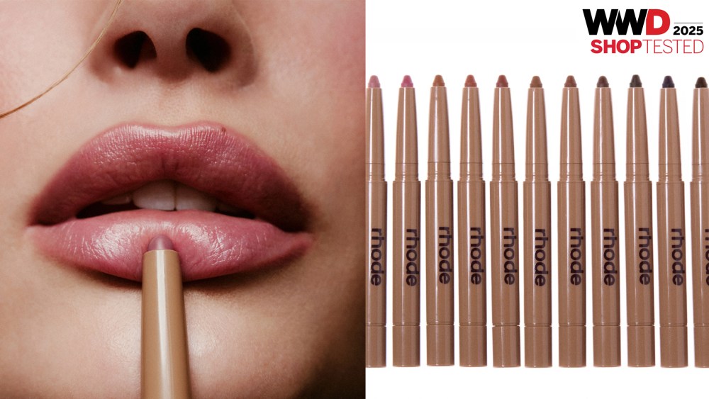woman with defined lips holding a lip liner; lip liners in brown tubes on a white background