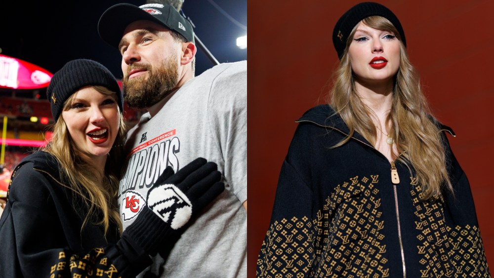 Taylor Swift and Travis Kelce after the AFC Championship game between the Buffalo Bills and Kansas City Chiefs on Jan. 26 in Kansas City, Missouri, Louis Vuitton, black pleated miniskirt