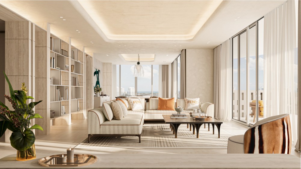 The living room inside the Avenia Interiors by Fendi Casa apartments in Aventura, Fla.