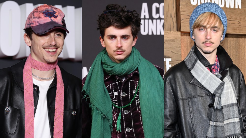 Timothée Chalamet wears a scarf on the red carpet.
