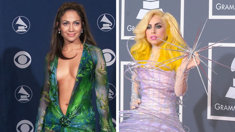 Jennifer Lopez at the 2000 Grammy Awards in Versace green dress, Lady Gaga at the 2010 Grammy Awards