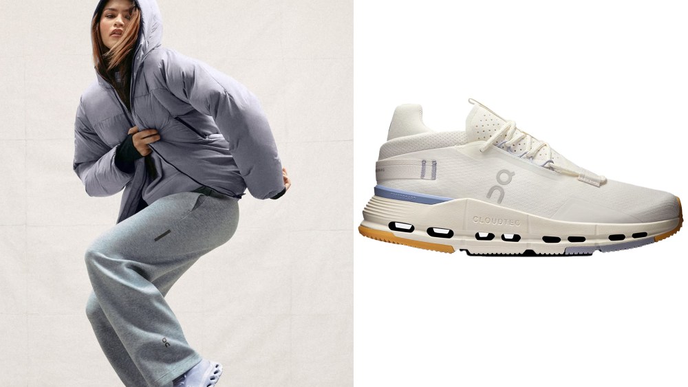 zendaya posing for on sneaker campaign while wearing puffer jacket; on running sneaker in a holiday-exclusive colorway, over white background