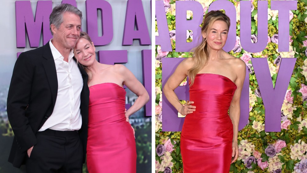 Renée Zellweger wears pink balmain dress, Hugh Grant and Renée Zellweger attend the "Bridget Jones: Mad About The Boy" World Premiere at the Odeon Luxe Leicester Square on January 29, 2025 in London.