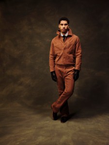 Hudson cotton pigment-dyed 8-wale corduroy jacket and
trouser; Brooks Brothers cotton shirt, tie and Rancourt Cordovan leather loafers.