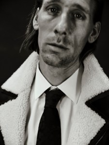 Bugatchi shearling leather coat; Brooks Brothers cotton shirt; Robert Talbot tie.