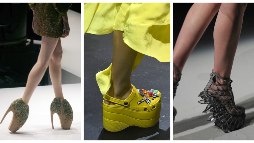 From left: Showstopping shoes from Alexander McQueen, Balenciaga and Iris van Herpen, weird shoes on runways fashion weeks