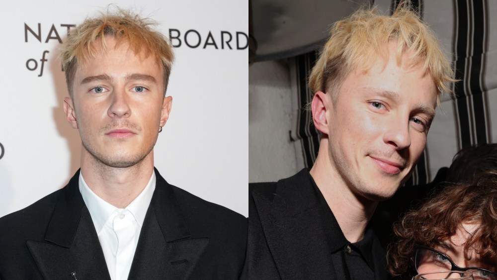 (L-R): Drew Starkey attends the National Board of Review Gala on Jan. 7 in New York City; Drew Starkey on Dec. 4, blond haircuit, bleached eyebrows