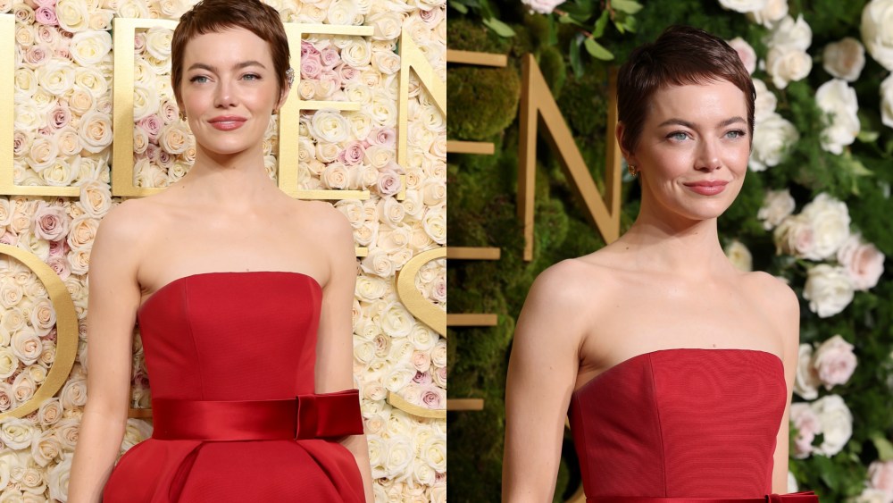 Emma Stone pixie haircut and red dress attends the 82nd Annual Golden Globe Awards 2025