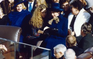 Hillary and Chelsea Clinton, the wife and daughter of Bill Clinton attend his inauguration as the 42nd President of the United States. Tipper Gore, the wife of Vice-president elect, Al Gore, sits to their left.