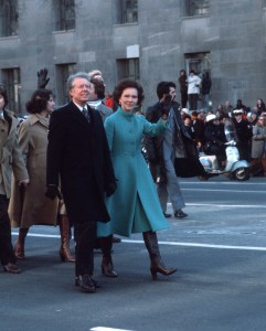 President Jimmy Carter and First Lady Rosalynn Carter at the 1977 Inauguration of President Jimmy Carter.