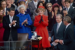 Ronald Reagan, Barbara Bush, Nancy Reagan, Jimmy Carter, Walter Mondale at Reagan's first inauguration,  United States Capitol in Washington, DC, January 20, 1981.