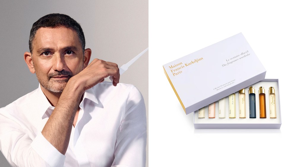 man posing with a white tool while wearing a white starched shirt, next to a still image of his perfume brand's discovery set
