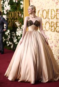 Elle Fanning during the 82nd Annual Golden Globes held at The Beverly Hilton on January 05, 2025 in Beverly Hills, California.