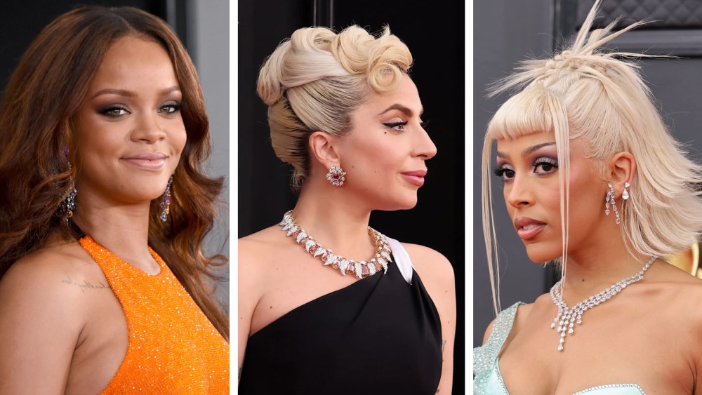 (L-R): Rihanna, Lady Gaga and Doja Cat, best grammys hairstyles of all time