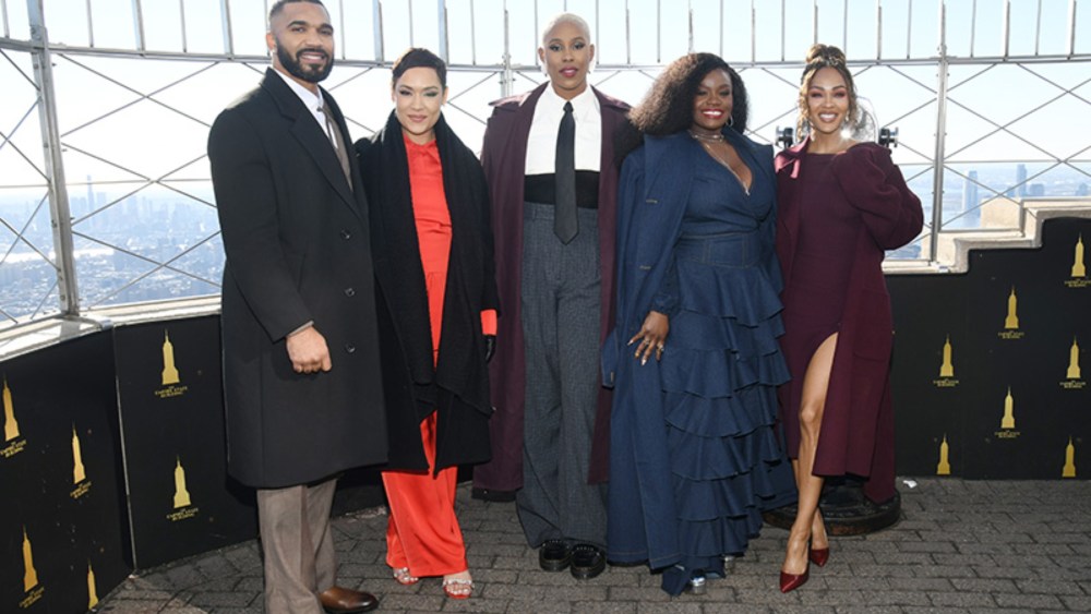 Tyler Lepley, Grace Byers, Jerrie Johnson, Shoniqua Shandai, Meagan Good as Prime Video's "Harlem" cast visits the Empire State Building to celebrate the season 3 premiere at Empire State Building on Jan. 14, 2025 in New York, New York.