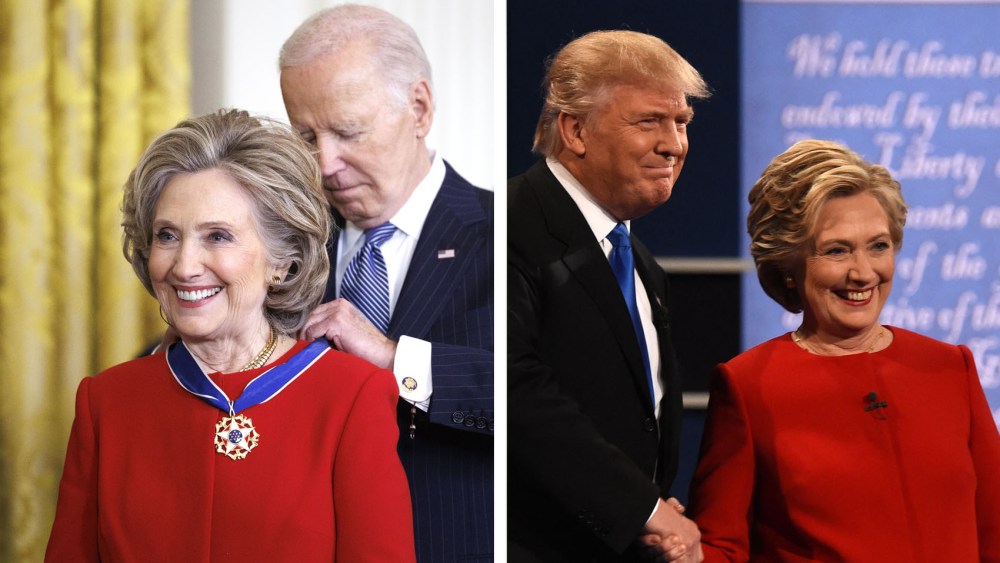 hillary clinton red pantsuit, donald trump debate, presidential medal of honor joe biden, Former U.S. Secretary of State Hillary Clinton returns to her seat after being awarded the Presidential Medal of Freedom by U.S. President Joe Biden in the East Room of the White House on January 4, 2025 in Washington, DC., red ralph lauren pantsuit outfit