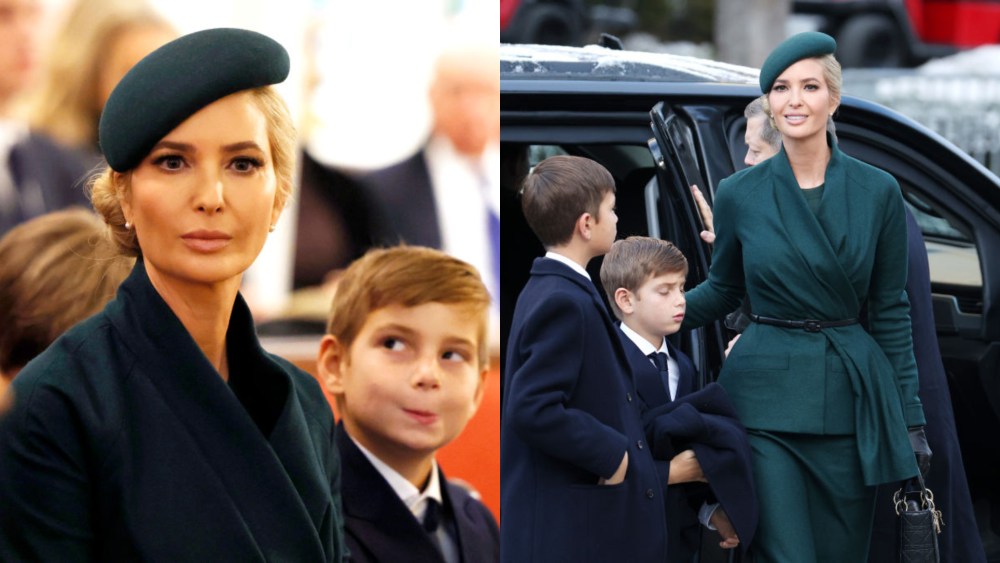 Ivanka Trump green hat and dress, daughter of U.S. President-elect Donald Trump, arrives with her family for services at St. John's Church ahead of the inauguration on Jan. 20, 2025, in Washington, D.C.
