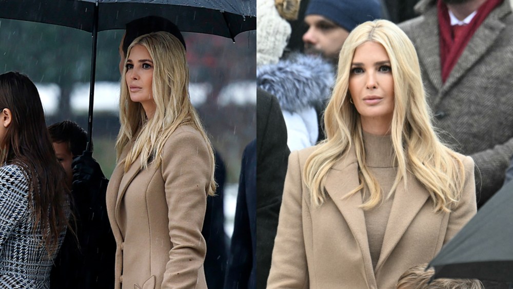 Ivanka Trump wears oscar de la renta coat stands in Arlington National Cemetery after a wreath-laying ceremony on January 19, 2025 in Arlington, Virginia.