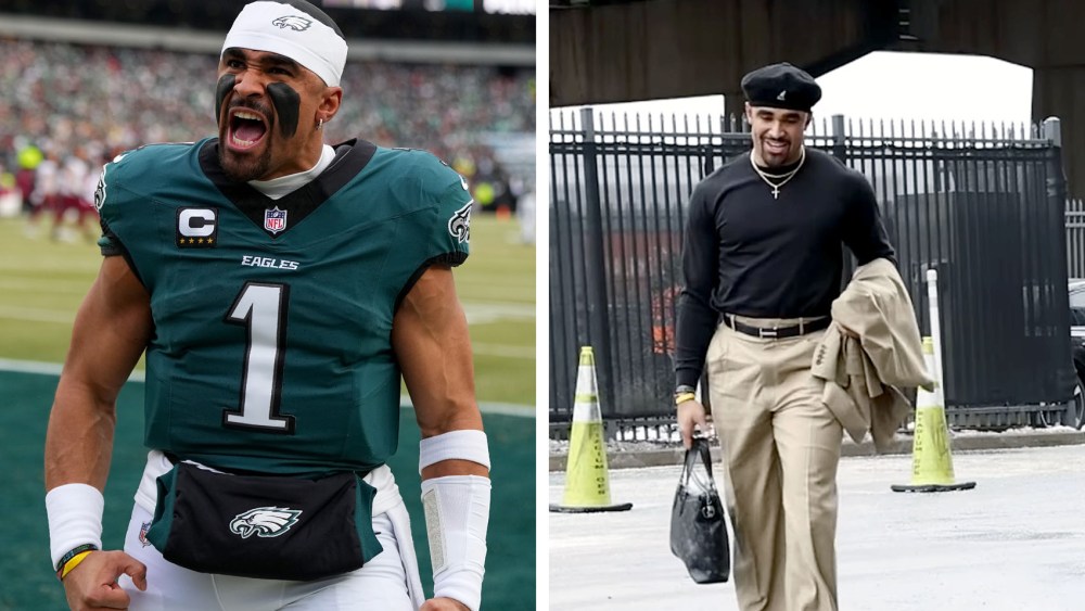 Jalen Hurts of the Philadelphia Eagles smiles during the trophy ceremony after defeating the Washington Commanders 55-23 to win the NFC Championship Game on Jan. 26 in Philadelphia, Penn.
