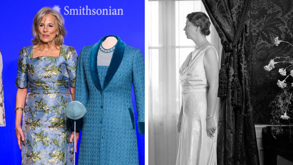 US First Lady Jill Biden stands for a photo during the presentation of her 2021 inaugural ensembles to the Smithsonian's National Museum of American History in Washington, DC, on January 25, 2023. - The blue wool tapered tweed dress with overcoat designed by Alexandra ONeill, and evening dress and coat by Gabriela Hearst, will be part of The First Ladies exhibition at the museum, Eleanor Roosevelt posing in the Sally Milgrim gown that she wore to her husband Franklin’s second inaugural festivities in 1937.
