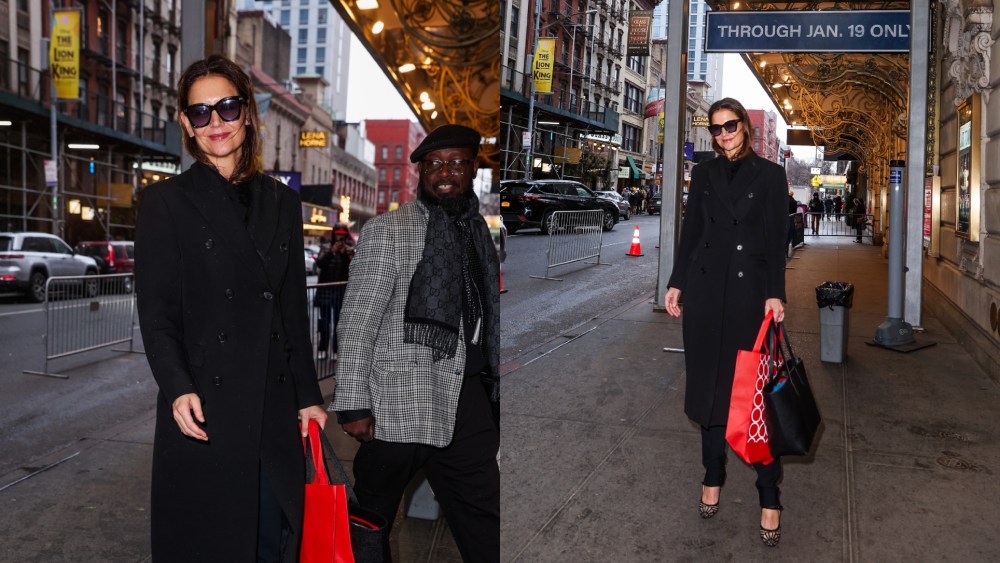 Katie Holmes is seen arriving to perform in "Our Town" on Broadway on January 19, 2025 in New York City.