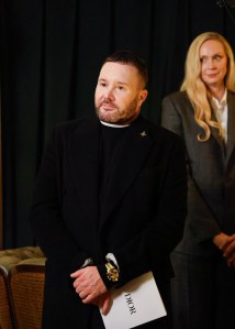 Kim Jones, Gwendoline Christie at the Kim Jones Legion of Honor Ceremony held at Chez Laurent on January 24, 2025 in Paris, France.