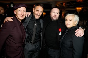 Stephen Jones, Sebastien Jondeau, Kim Jones, Silvia Venturini Fendi at the Kim Jones Legion of Honor Ceremony held at Chez Laurent on January 24, 2025 in Paris, France.