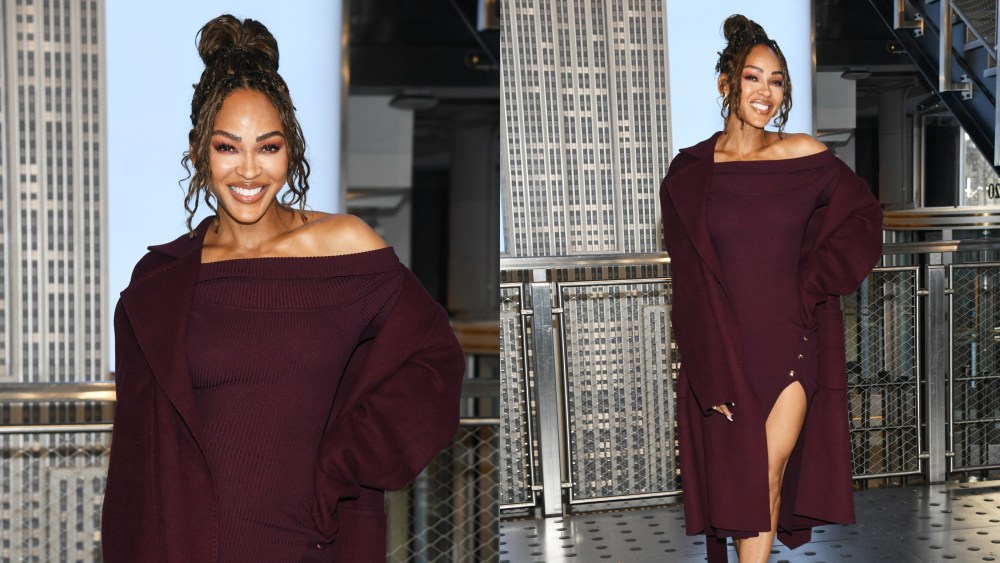Meagan Good, burgundy, empire state building, New York City